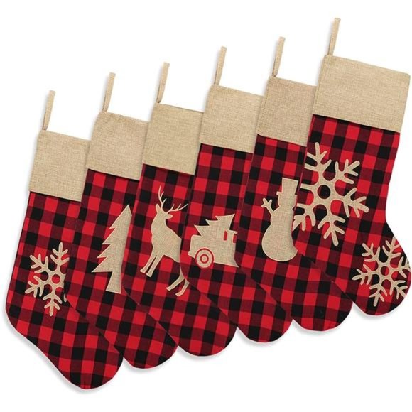 Set of 6 Christmas Stockings Decorations18 inches Red Black Buffalo Plaid - Picture 5 of 7